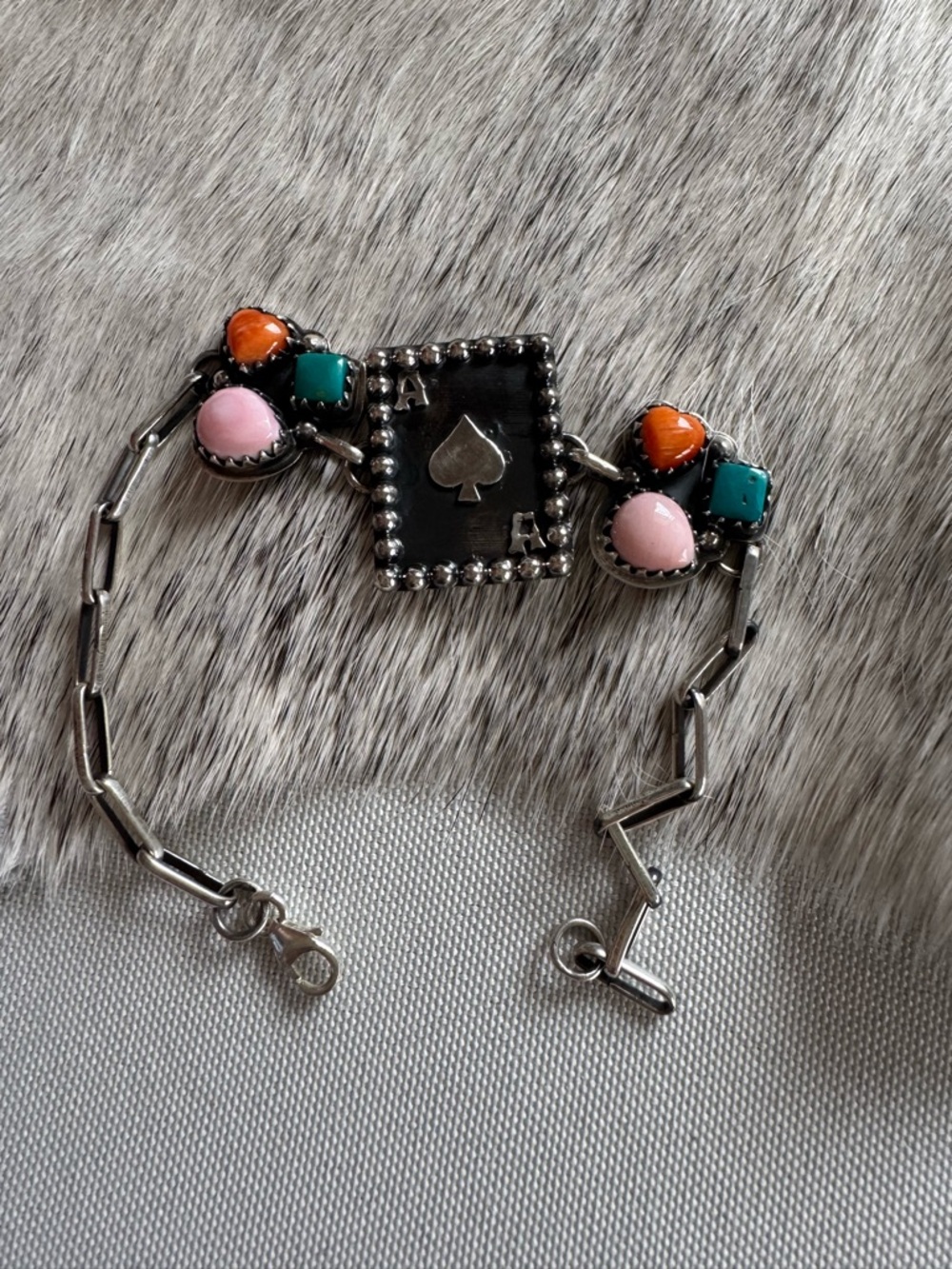 Sterling Silver Ace of Spades Multi-Color Stone Bracelet